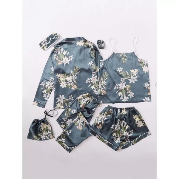 WDIRARA Women's 7 Pcs Pajama Set Comfy Cami Pjs with Shirt and Eye Mask