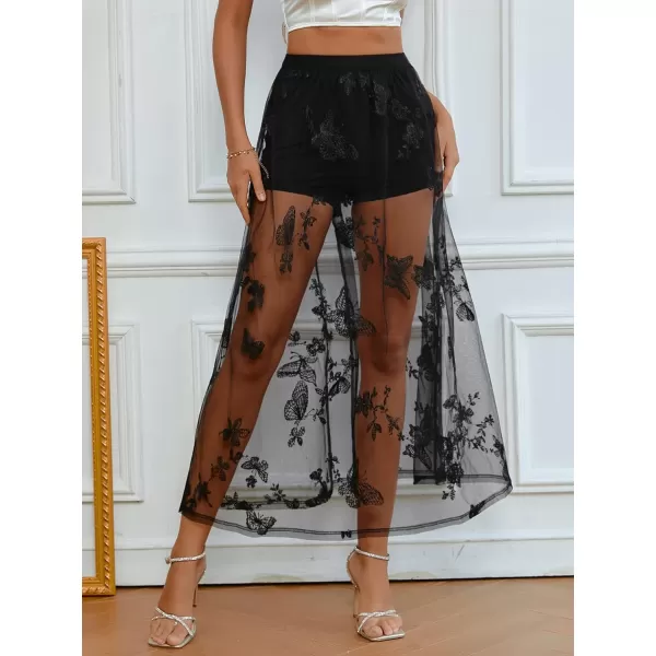 WDIRARA Women's A-Line Sheer Mesh Overlay High Waisted Embroidered Skirt Long Skirt