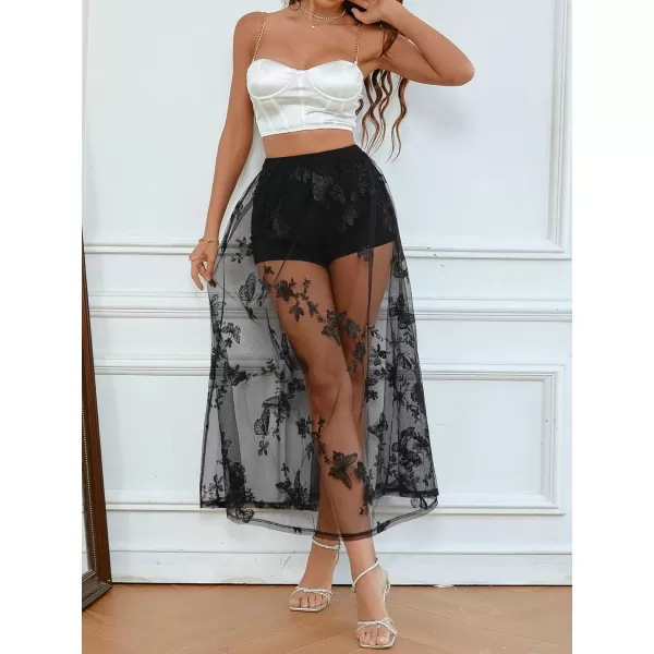 WDIRARA Women's A-Line Sheer Mesh Overlay High Waisted Embroidered Skirt Long Skirt