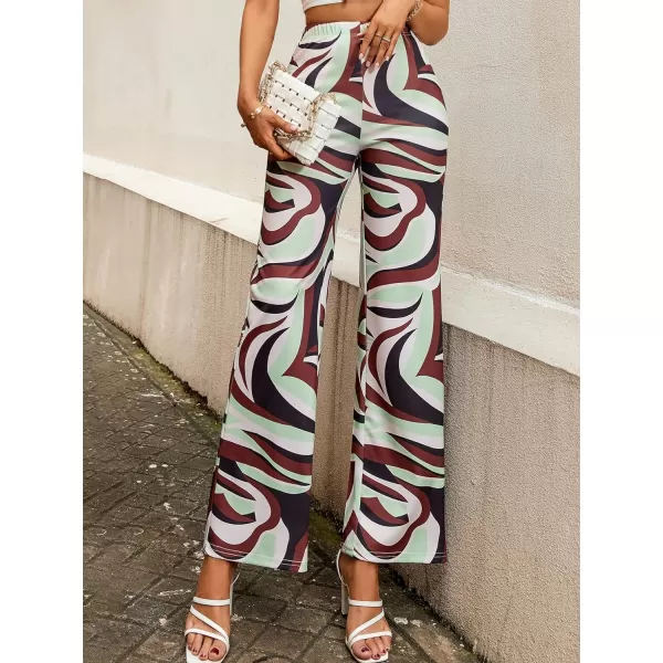 WDIRARA Women's All Over Print High Waist Elastic Flared Leg Casual Long Pants