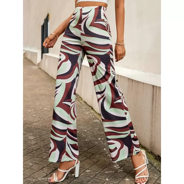 WDIRARA Women's All Over Print High Waist Elastic Flared Leg Casual Long Pants
