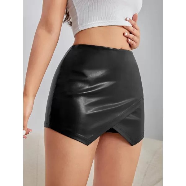 WDIRARA Women's Asymmetrical Hem PU Leather Skinny Skort Party Skirt Shorts