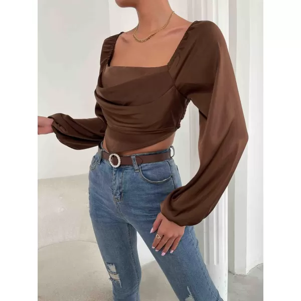 WDIRARA Women's Bishop Sleeve Square Neck Shirred Back Top Asymmetrical Blouse