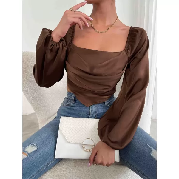 WDIRARA Women's Bishop Sleeve Square Neck Shirred Back Top Asymmetrical Blouse