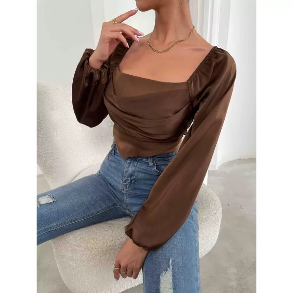 WDIRARA Women's Bishop Sleeve Square Neck Shirred Back Top Asymmetrical Blouse