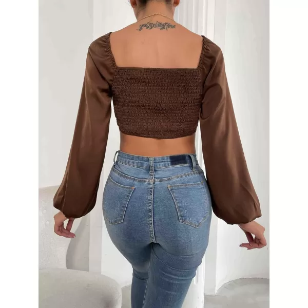 WDIRARA Women's Bishop Sleeve Square Neck Shirred Back Top Asymmetrical Blouse