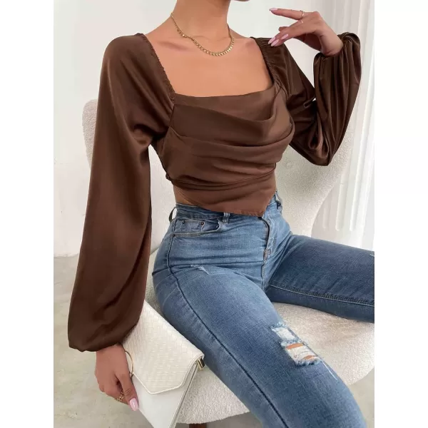 WDIRARA Women's Bishop Sleeve Square Neck Shirred Back Top Asymmetrical Blouse