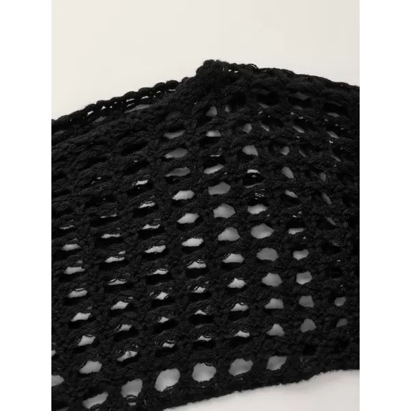 WDIRARA Women's Boat Neck Flounce Long Sleeve Crochet Hollow Out Sweater Crop Knit Top