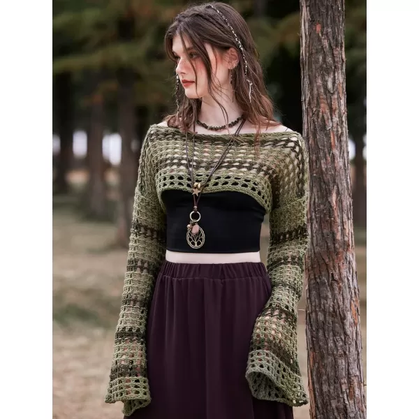 WDIRARA Women's Boat Neck Flounce Long Sleeve Crochet Hollow Out Sweater Crop Knit Top