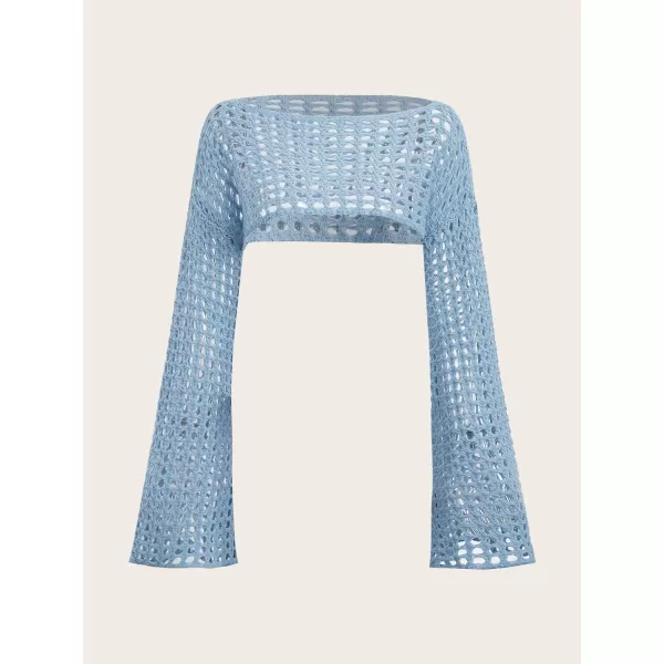 WDIRARA Women's Boat Neck Flounce Long Sleeve Crochet Hollow Out Sweater Crop Knit Top