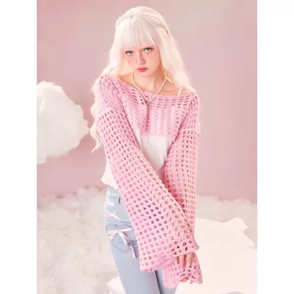 WDIRARA Women's Boat Neck Flounce Long Sleeve Crochet Hollow Out Sweater Crop Knit Top