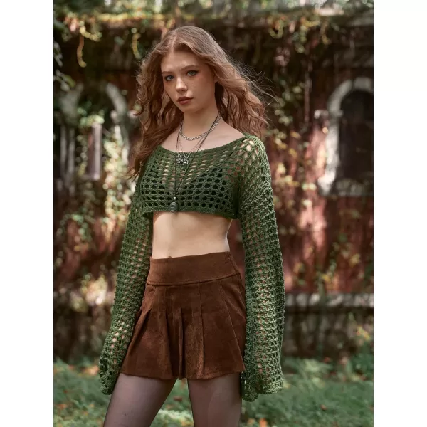 WDIRARA Women's Boat Neck Flounce Long Sleeve Crochet Hollow Out Sweater Crop Knit Top