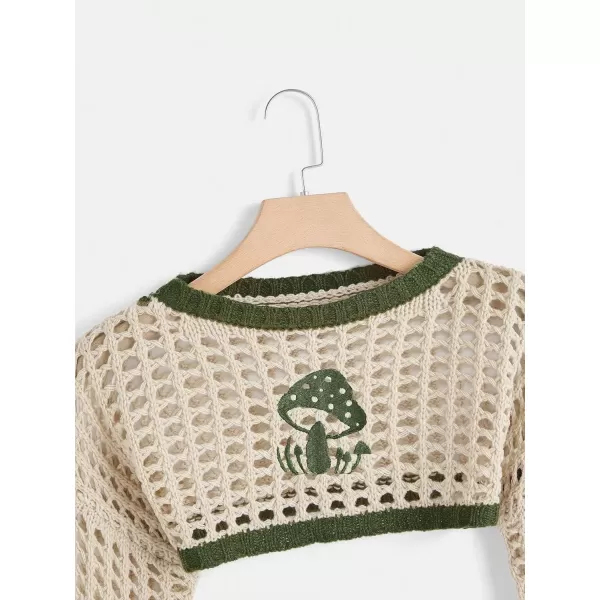 WDIRARA Women's Boat Neck Flounce Long Sleeve Crochet Hollow Out Sweater Crop Knit Top