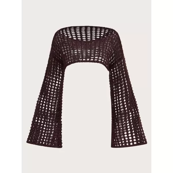 WDIRARA Women's Boat Neck Flounce Long Sleeve Crochet Hollow Out Sweater Crop Knit Top