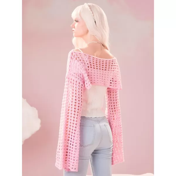 WDIRARA Women's Boat Neck Flounce Long Sleeve Crochet Hollow Out Sweater Crop Knit Top