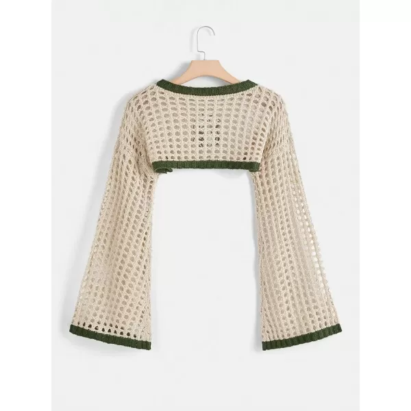 WDIRARA Women's Boat Neck Flounce Long Sleeve Crochet Hollow Out Sweater Crop Knit Top