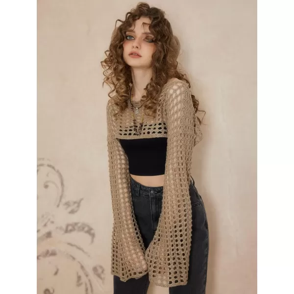 WDIRARA Women's Boat Neck Flounce Long Sleeve Crochet Hollow Out Sweater Crop Knit Top