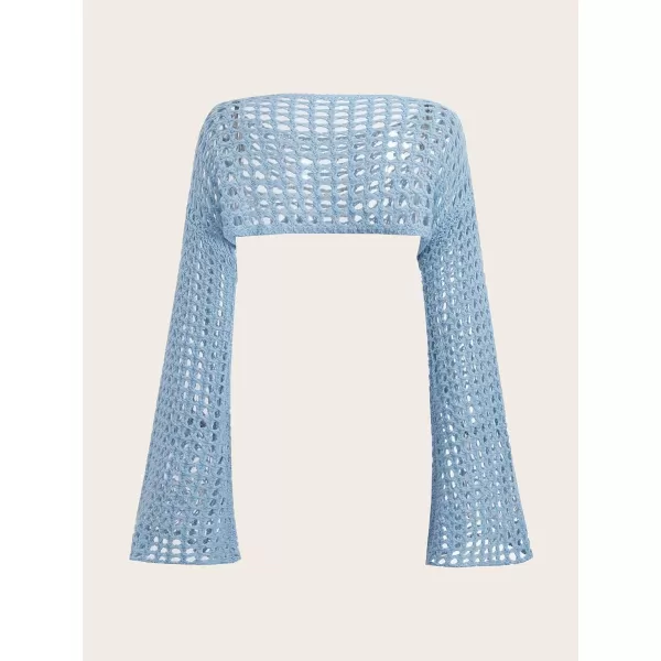 WDIRARA Women's Boat Neck Flounce Long Sleeve Crochet Hollow Out Sweater Crop Knit Top