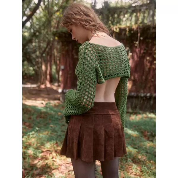 WDIRARA Women's Boat Neck Flounce Long Sleeve Crochet Hollow Out Sweater Crop Knit Top