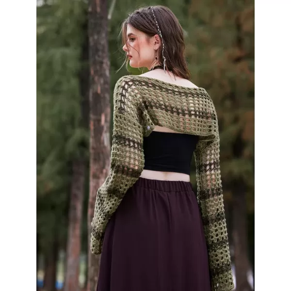 WDIRARA Women's Boat Neck Flounce Long Sleeve Crochet Hollow Out Sweater Crop Knit Top