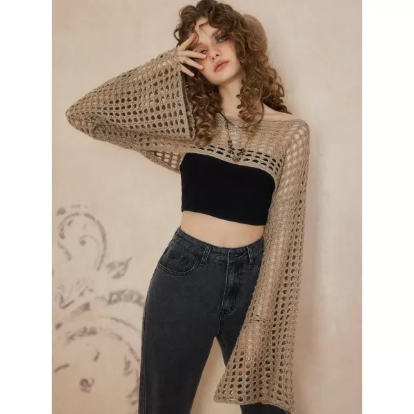 WDIRARA Women's Boat Neck Flounce Long Sleeve Crochet Hollow Out Sweater Crop Knit Top