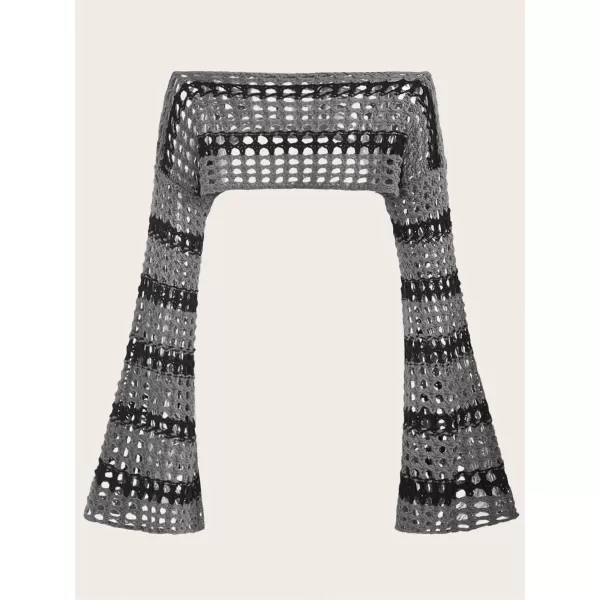 WDIRARA Women's Boat Neck Flounce Long Sleeve Crochet Hollow Out Sweater Crop Knit Top