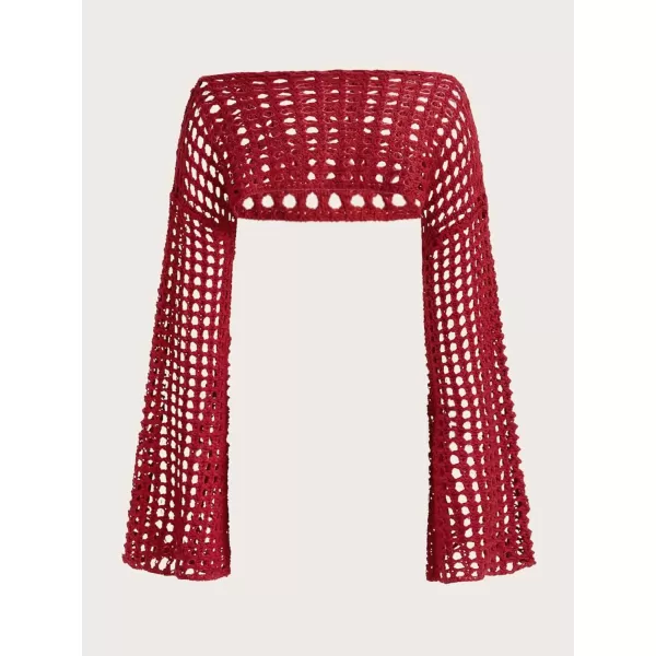 WDIRARA Women's Boat Neck Flounce Long Sleeve Crochet Hollow Out Sweater Crop Knit Top