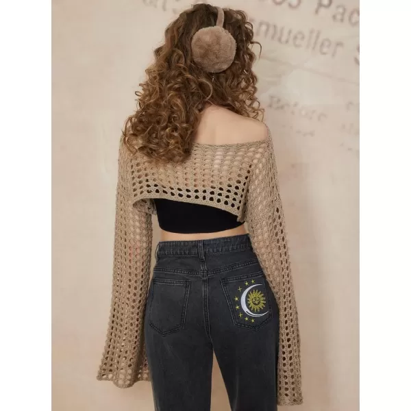 WDIRARA Women's Boat Neck Flounce Long Sleeve Crochet Hollow Out Sweater Crop Knit Top