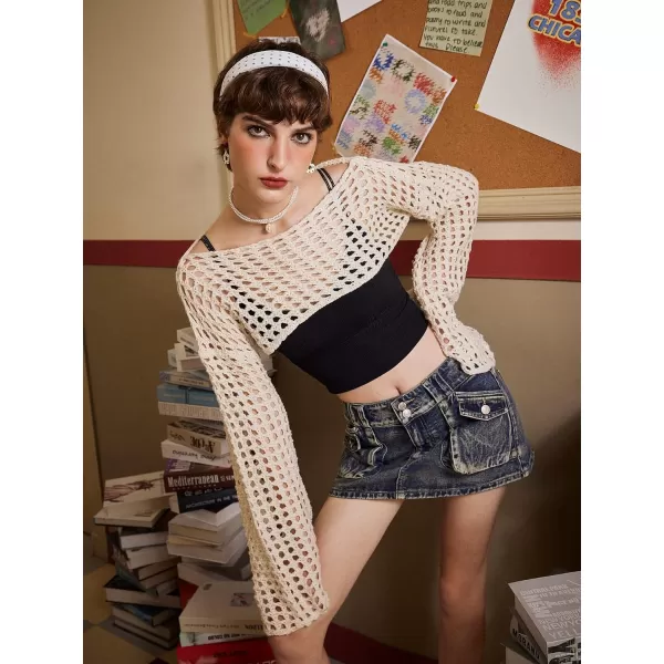 WDIRARA Women's Boat Neck Flounce Long Sleeve Crochet Hollow Out Sweater Crop Knit Top