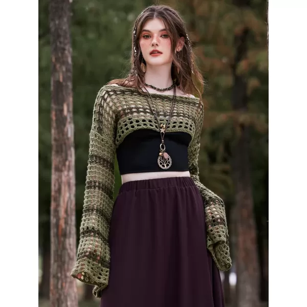 WDIRARA Women's Boat Neck Flounce Long Sleeve Crochet Hollow Out Sweater Crop Knit Top