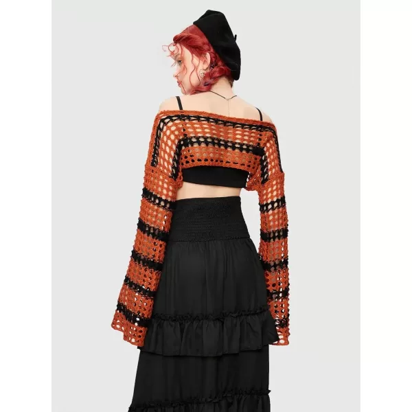 WDIRARA Women's Boat Neck Flounce Long Sleeve Crochet Hollow Out Sweater Crop Knit Top