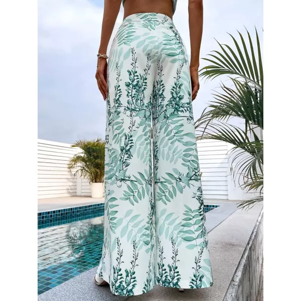 WDIRARA Women's Boho Leaf Print High Waist Loose Beach Wide Leg Palazzo Pants