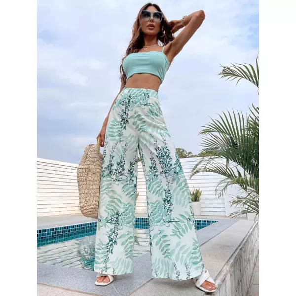 WDIRARA Women's Boho Leaf Print High Waist Loose Beach Wide Leg Palazzo Pants