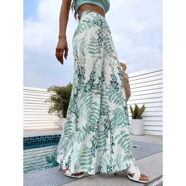 WDIRARA Women's Boho Leaf Print High Waist Loose Beach Wide Leg Palazzo Pants