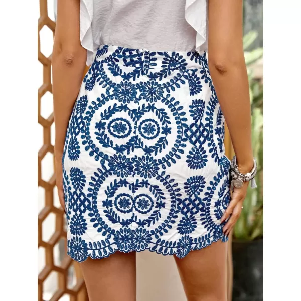 WDIRARA Women's Boho Tribal Print Scallop Trim Summer Zipper Bodycon Mini Skirt
