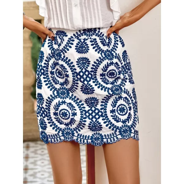 WDIRARA Women's Boho Tribal Print Scallop Trim Summer Zipper Bodycon Mini Skirt