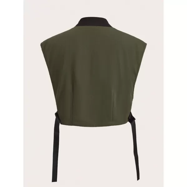 WDIRARA Women's Buckle Flap Pockets Zipper Front Sleeveless Mock Neck Street Vest Jackets