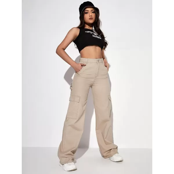 WDIRARA Women's Camo Print Cargo Jeans High Waist Wide Leg Denim Army Pants