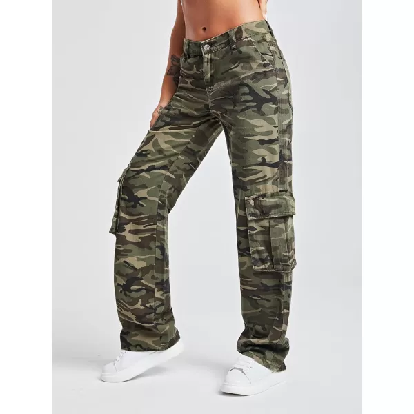 WDIRARA Women's Camo Print Cargo Jeans High Waist Wide Leg Denim Army Pants