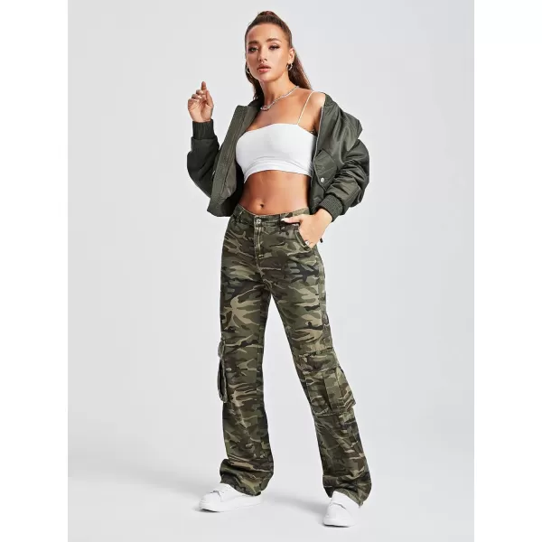 WDIRARA Women's Camo Print Cargo Jeans High Waist Wide Leg Denim Army Pants