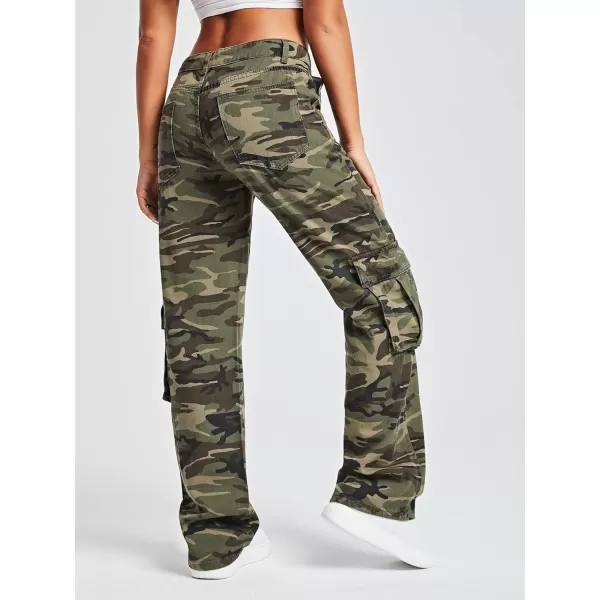 WDIRARA Women's Camo Print Cargo Jeans High Waist Wide Leg Denim Army Pants