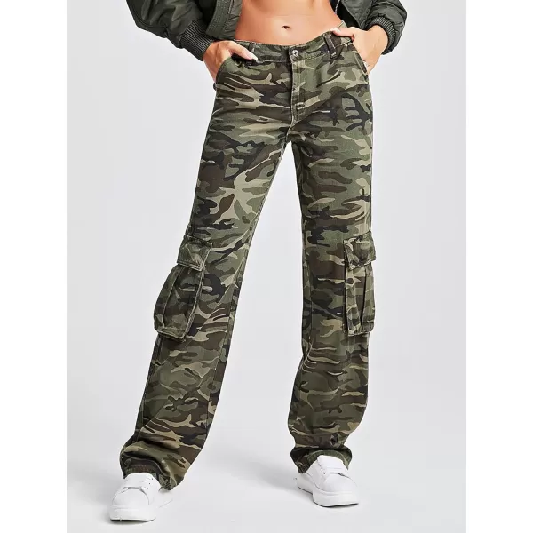 WDIRARA Women's Camo Print Cargo Jeans High Waist Wide Leg Denim Army Pants