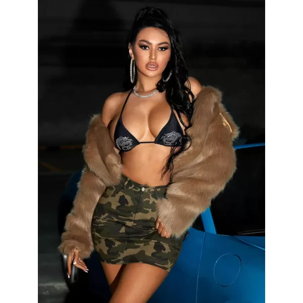 WDIRARA Women's Camo Print High Waist Pocket Stretch Mini Bodycon Skirt