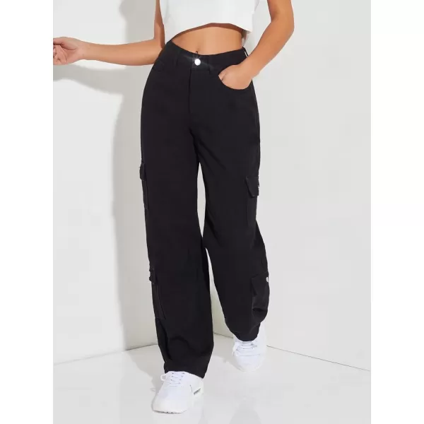 WDIRARA Women's Cargo Denim Pants High Waist Straight Leg Boyfriend Jeans with Pocket