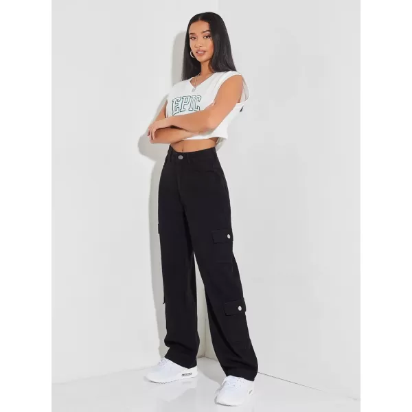 WDIRARA Women's Cargo Denim Pants High Waist Straight Leg Boyfriend Jeans with Pocket