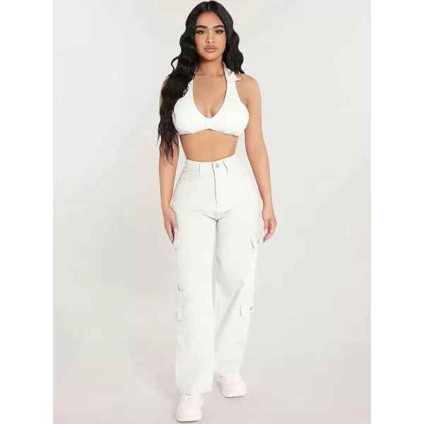 WDIRARA Women's Cargo Denim Pants High Waist Straight Leg Boyfriend Jeans with Pocket