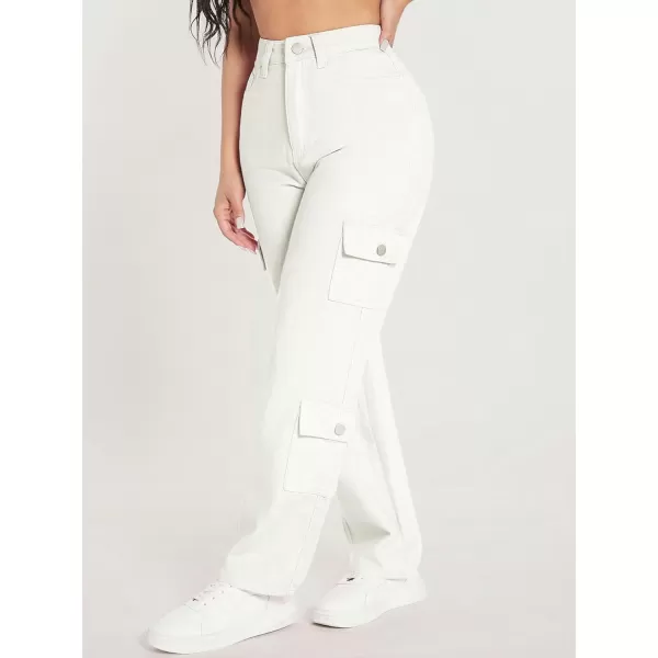 WDIRARA Women's Cargo Denim Pants High Waist Straight Leg Boyfriend Jeans with Pocket