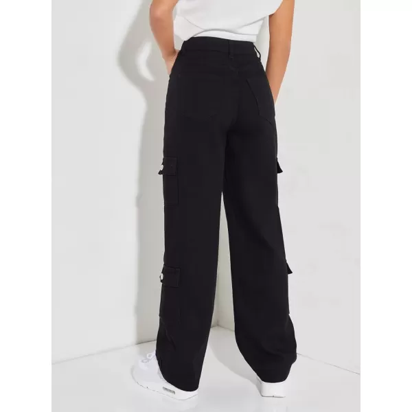 WDIRARA Women's Cargo Denim Pants High Waist Straight Leg Boyfriend Jeans with Pocket