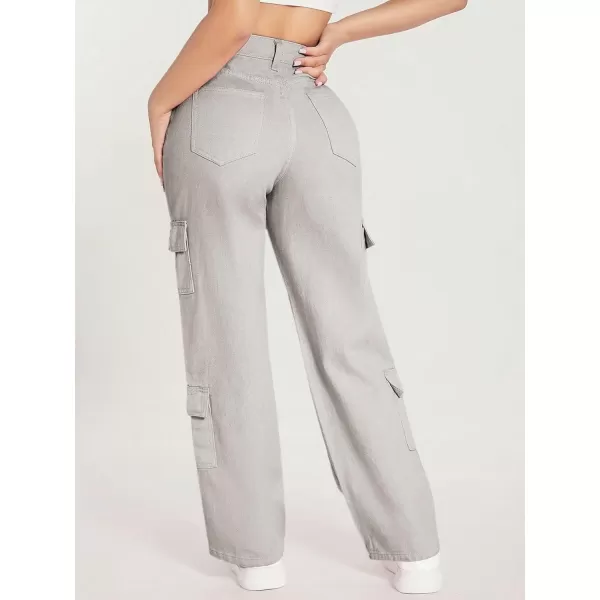 WDIRARA Women's Cargo Denim Pants High Waist Straight Leg Boyfriend Jeans with Pocket