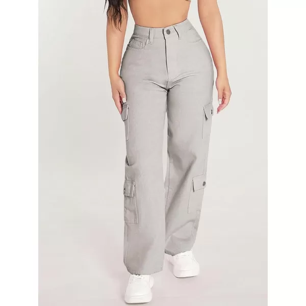 WDIRARA Women's Cargo Denim Pants High Waist Straight Leg Boyfriend Jeans with Pocket